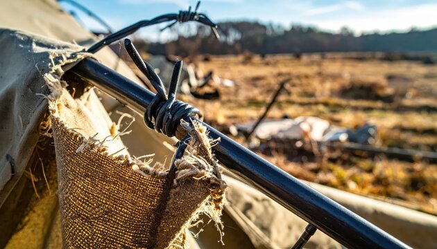Close-up of weathered barbed wire wrapped around a ripped canvas tent pole in a desolate dry field under a blue sky