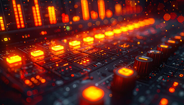 Glowing warm amber and orange illumination reflecting on professional studio audio mixing console faders and channel sliders