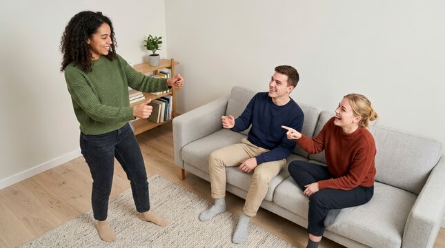 Young adults playing charades in a modern living room. Diverse group of friends laughing and guessing while woman acts out a scene. Fun indoor social gathering and leisure activity