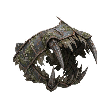 Ancient Rusted Metal Jaw Trap with Moss and Decay