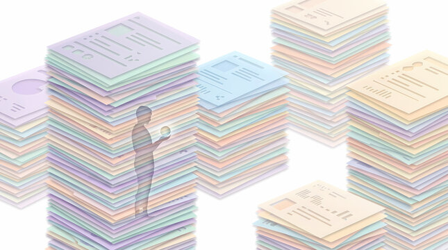 Translucent Human Silhouette Among Colorful Document Stacks