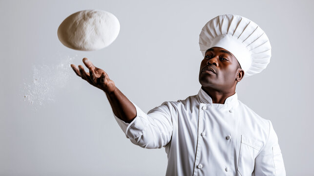 Chef tossing fresh pizza dough with flour floating through air, gourmet culinary scene about cooking skill, timing, restaurant craft, handmade food, hospitality and premium kitchen style.