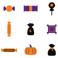 Fototapeta premium Assorted Halloween candies and pumpkin during autumn season Vector Illustration Isolated on white background