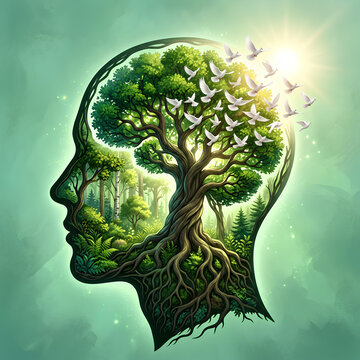Human head silhouette formed by forest trees and birds.
