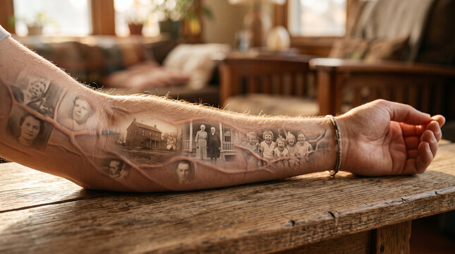 Forearm with Vintage Family Photographs Embedded Under the Skin