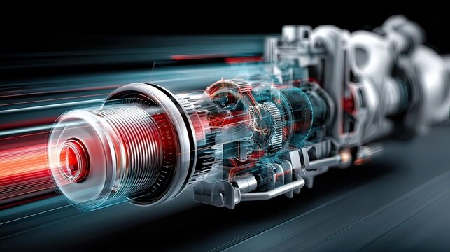 High-Speed Motion of a Futuristic Engine Component with Dynamic Light Trails and Detailed Mechanical Design