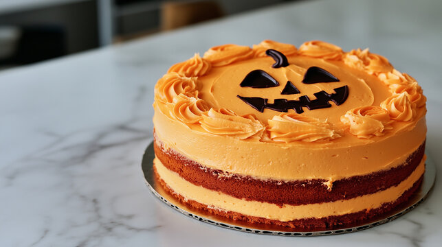 Round layer cake frosted in smooth orange buttercream with a carved jack o lantern face, playful Halloween party cake