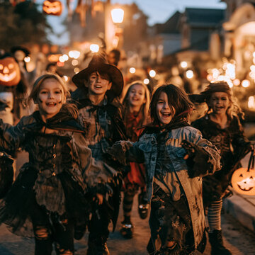Happy children in Halloween costumes collecting candy outdoors