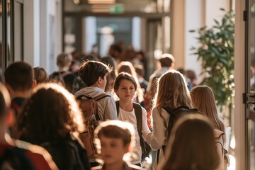 Obraz premium Students Arriving at School Hallway