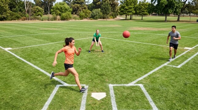 Young people playing a kickball game on a green grass field. Active teenagers running and catching a red ball outdoors. Youth sports and recreation concept