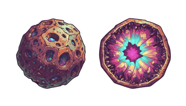 Fantasy Cosmic Asteroid and Glowing Crystal Geode Set