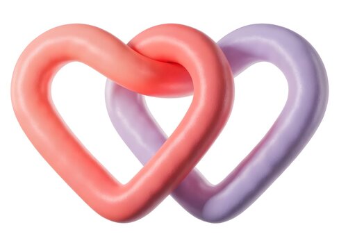 Interlocked red and purple heart chain links. Love connection and relationship bond. Two connected gradient heart shapes forming a strong link isolated on white background