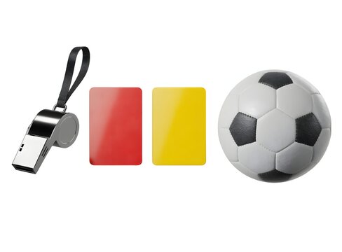 Metal referee whistle with red yellow penalty cards and soccer ball. Football match officiating and sports rules. Referee whistle and warning cards lying next to a soccer ball on white background