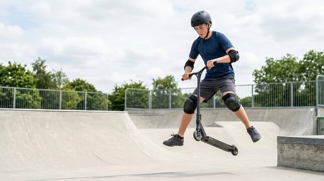 Teenage boy performing a freestyle scooter jump trick at a skatepark. Mid-air action shot of teen rider with safety gear