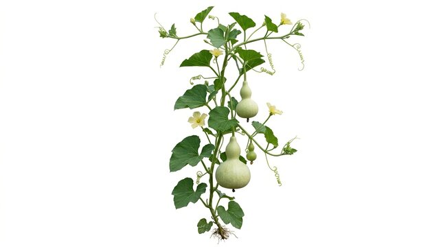 Calabash bottle gourd plant with green fruits and yellow flowers, organic vegetable vine on white background, garden produce