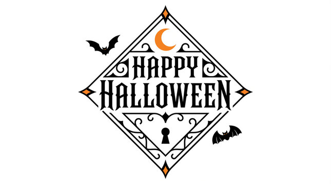 Happy Halloween Gothic Diamond Emblem with Crescent Moon, Bats and Keyhole
