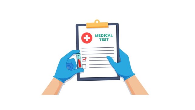 4K animation of Medical Test Blood Sample on Clipboard Held by Gloved Hands for Laboratory Diagnostics