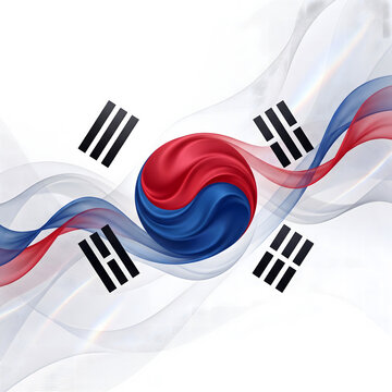 Waving South Korean Flag Featuring Red Blue Black Symbols on Dynamic Silk Texture Background, 3 Illustration