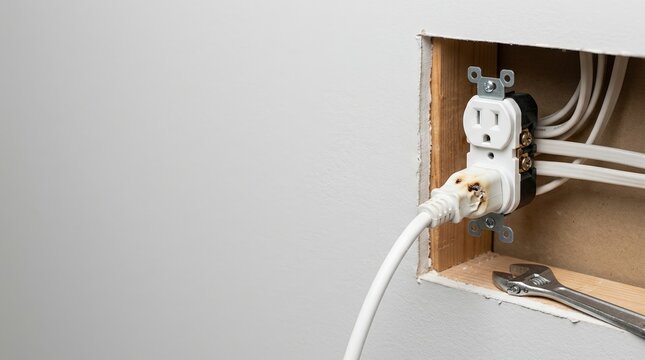 Melted and burnt extension cable plug in a wall outlet. Electrical hazard and short circuit danger in unfinished residential wall. Safety and repair concept