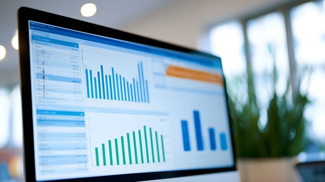 A computer monitor displays financial charts and graphs in a modern office setting with soft natural light from