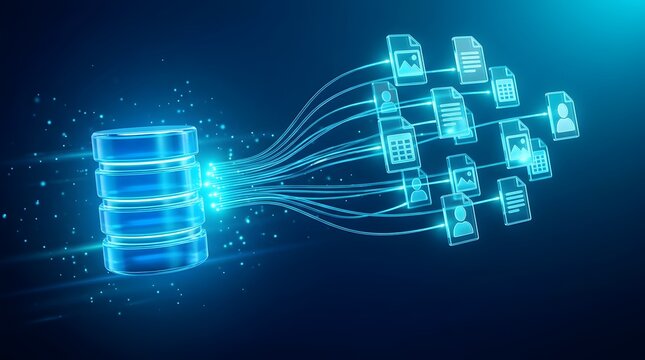 Multiple Digital Data Sources Connected to a Central Database Symbolizing Information Integration, Storage, and Network Connectivity