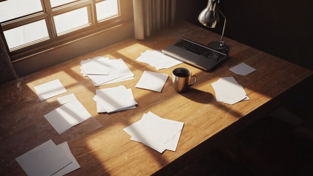 Sunlit desk with scattered papers and laptop