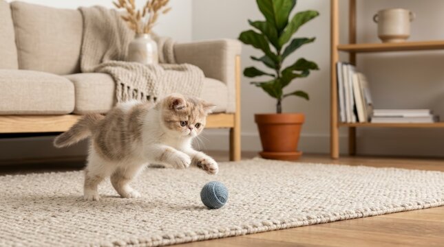 Exotic Shorthair kitten playing with a blue yarn ball. Cute fluffy cat pouncing on a rug in a cozy living room. Playful domestic pet concept