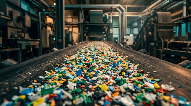 Conveyor belt transporting shredded colorful plastic waste in a recycling facility.