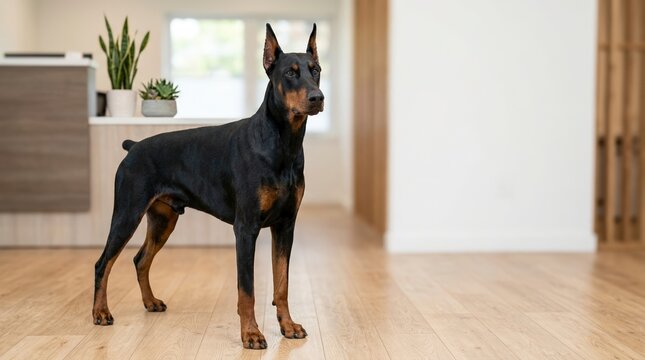 Doberman Pinscher standing alert on a wooden floor. Black and tan guard dog in a modern minimalist interior. Elegant purebred pet portrait