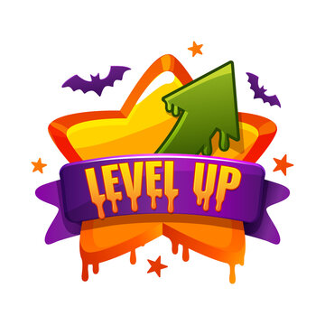 Halloween Level Up Badge with Pumpkin, Arrow and Bats on transparent background
