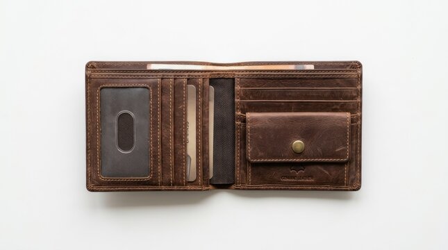 open brown leather wallet isolated on clean white background surface