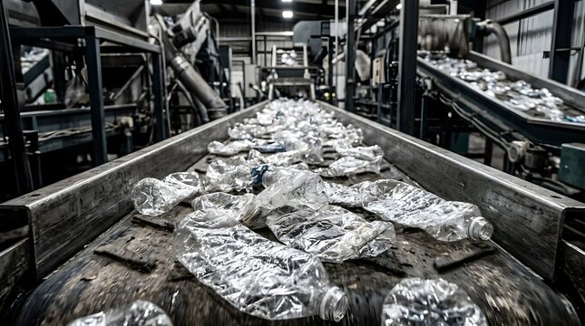 Plastic bottles moving on a conveyor belt in a recycling facility.