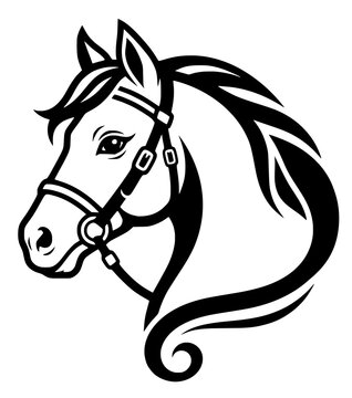 Stylized black and white horse head logo with flowing mane and bridle for branding design