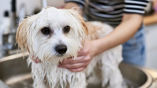 A person gently washing a small fluffy dog in a kitchen sink with wet fur and soft eyes looking forward
