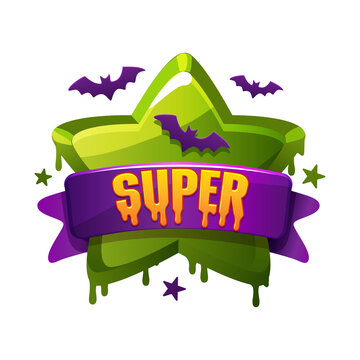 Halloween Super Badge with Green Star, Bats and Dripping Effect on transparent background