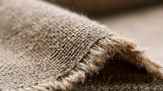 Close up of textured natural fiber fabric showing woven pattern and frayed edge under soft lighting