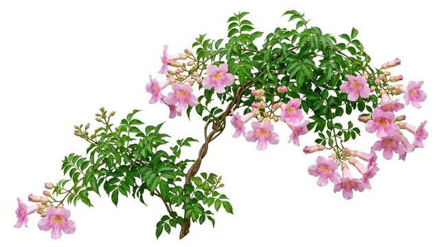 Blooming pink trumpet vine branch, flowering podranea ricasoliana with green leaves, isolated floral element on white background