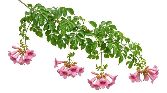 Blooming pink trumpet vine branch, hanging bignonia flowers with green leaves, isolated floral element for garden design