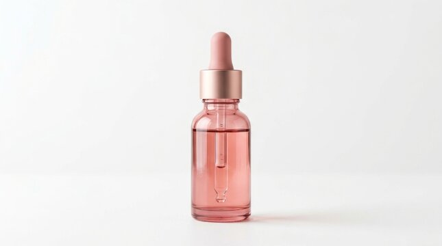blank rose pink glass dropper serum bottle mockup on white