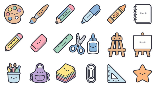 Kawaii Classroom Education School Supplies Sticker Bundle Vector