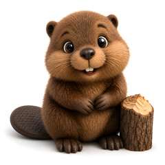 Cute brown beaver sitting with wooden log in studio on white background for wildlife illustration