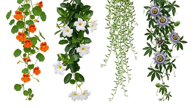 Hanging climbing plants collection, trailing vines with flowers, indoor and outdoor garden greenery on white background