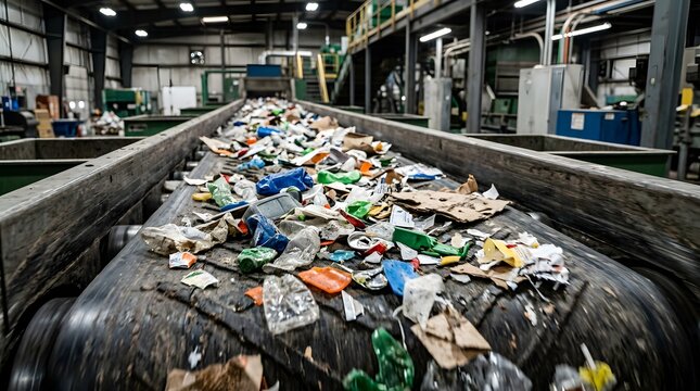 Conveyor belt carrying mixed waste and recyclables in a modern recycling facility.