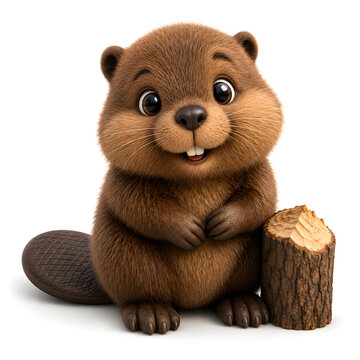 Cute brown beaver sitting with wooden log in studio on white background for wildlife illustration