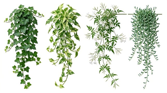 Hanging indoor plants collection, trailing ivy and pothos vines on white background, set of 4 green climbing houseplants for home decor