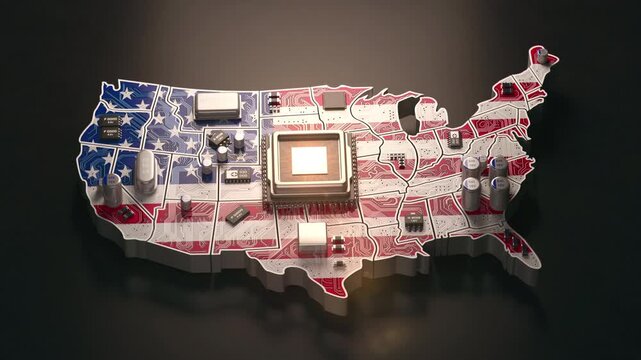Futuristic computer processor and circuitry forming a map of the United States, symbolizing US technology.