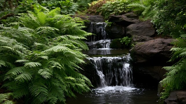 A serene tiered waterfall cascades over dark rocks surrounded by lush green ferns and dense foliage under soft natural light