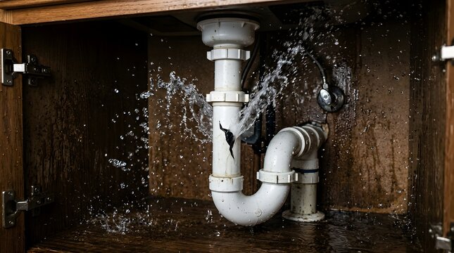 Water spraying from a cracked white plastic pipe under a kitchen sink.