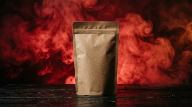 red smoke background setup with blank standing pouch packaging bag