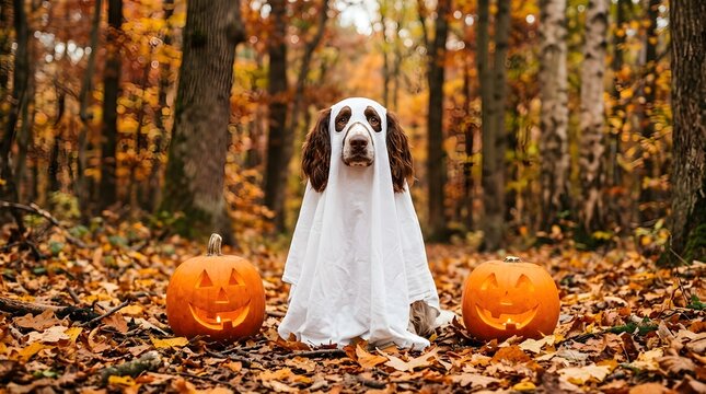 A charming canine companion dressed as a spooky ghost amidst a vibrant autumn landscape with pumpkins and falling leaves